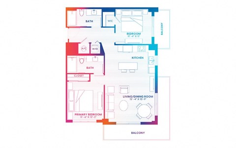 Floor plan for 2 beds, 2 baths, 1045 sqft